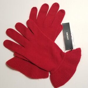 DKNY 100% Cashmere Gloves Ruffle Cuffs One Size Red New 90s Y2K